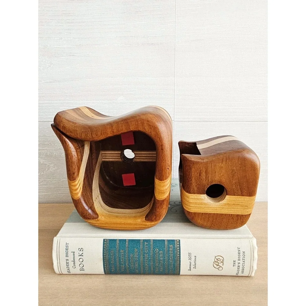 Vintage 3-Piece Bandsaw Handmade Multi-Wood Jewelry Trinket Box With Screw